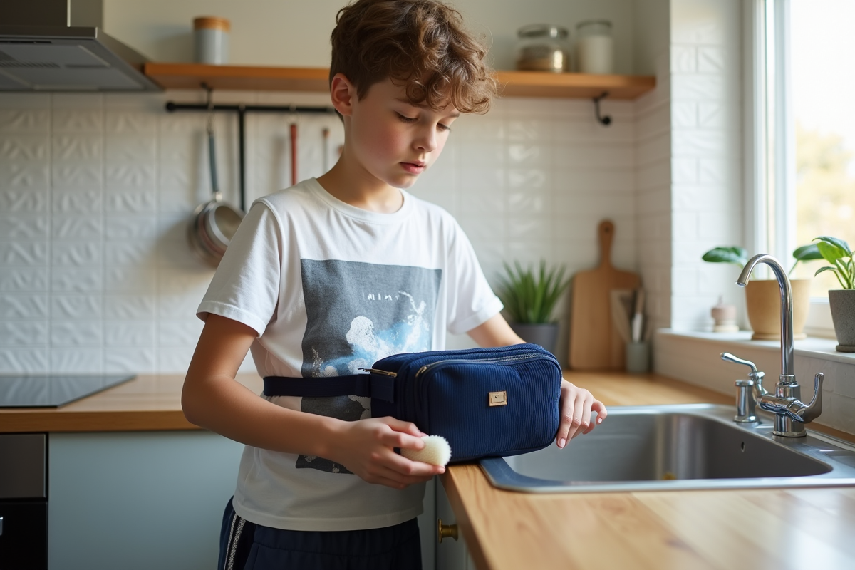 Adolescent nettoyant un sac banane en tissu dans la cuisine