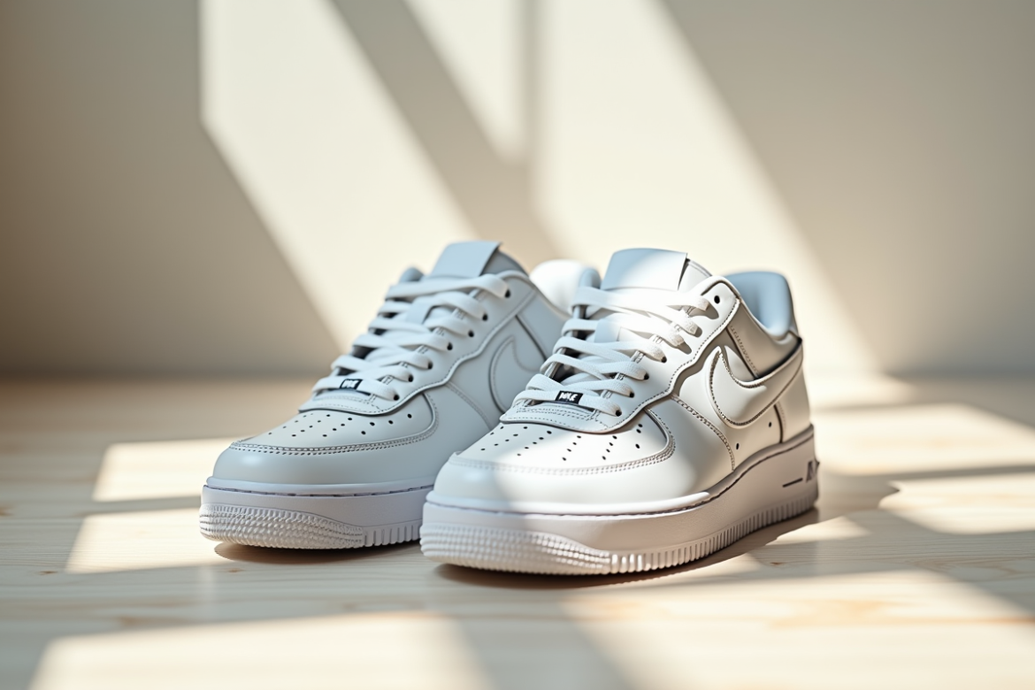 Chaussures Air Force 1 blanches sur surface en bois clair
