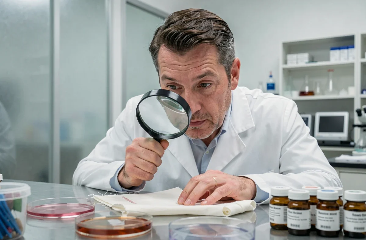 Scientifique en blouse blanche analysant un tissu sale en laboratoire pour détecter la présence de bactéries