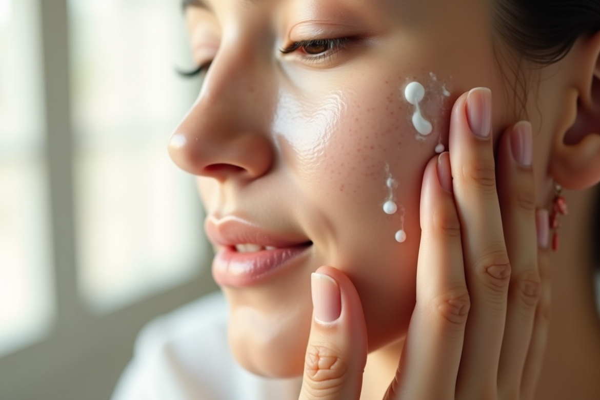 Main appliquant creme hydratante sur visage lumineux