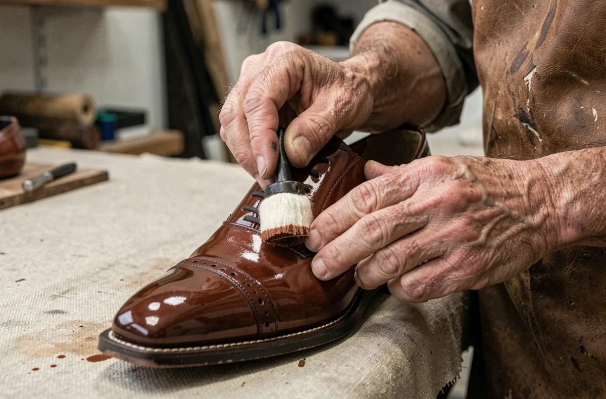 Mains d'un cordonnier appliquant de la teinture sur une chaussure en cuir verni avec un applicateur en coton