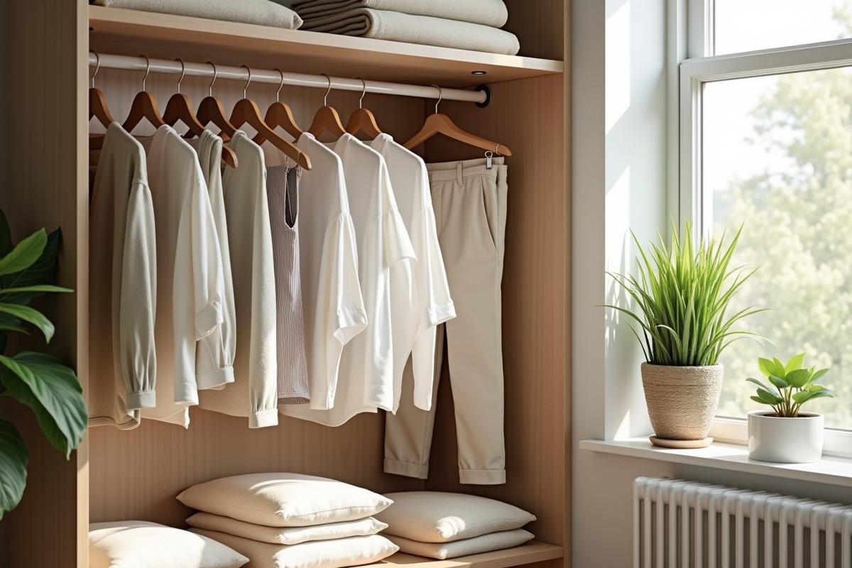 Armoire minimaliste avec vêtements durables et plantes