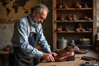 Artisan italien polissant une chaussure en cuir fait main