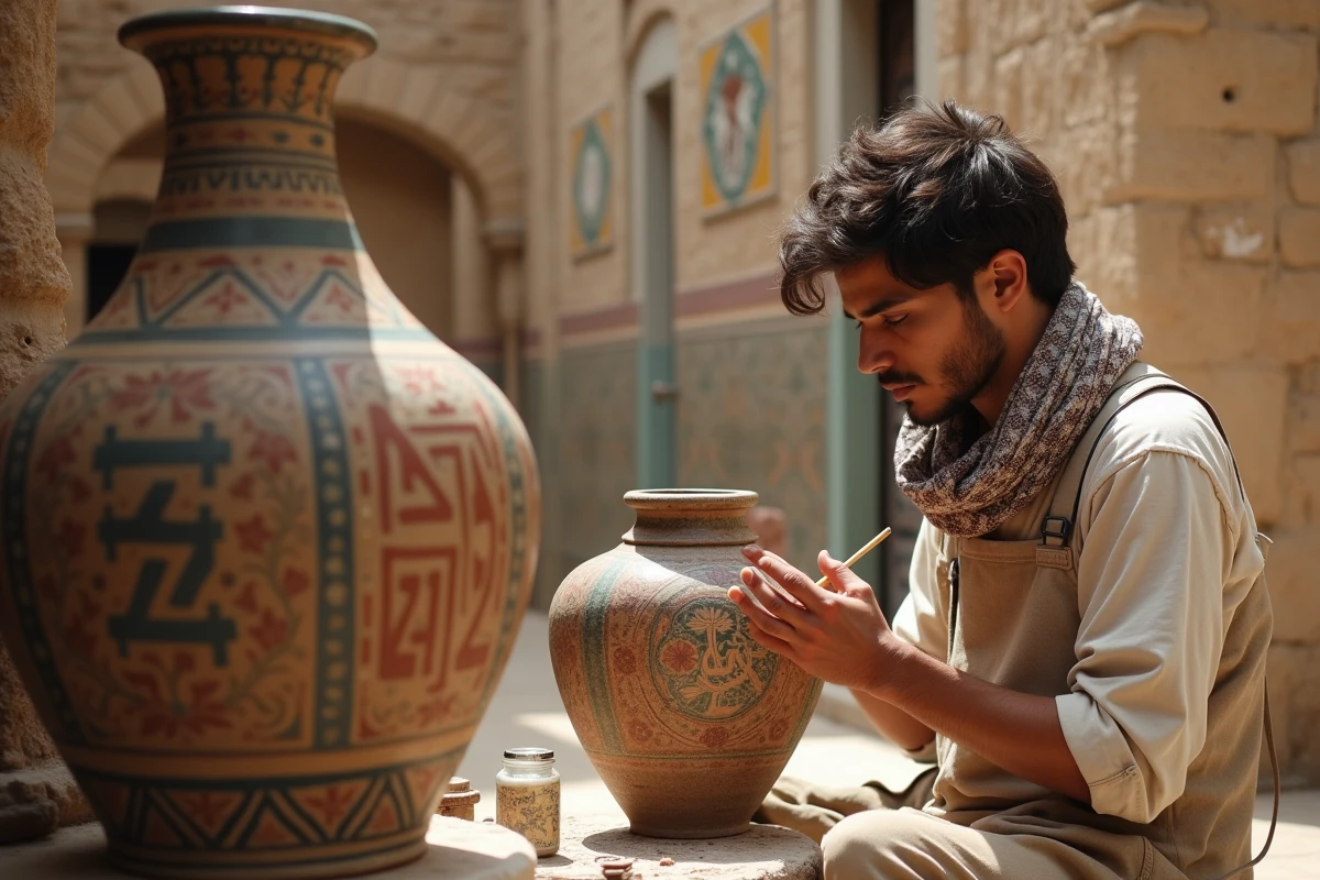 Jeune artiste peignant un vase dans une cour ensoleillee