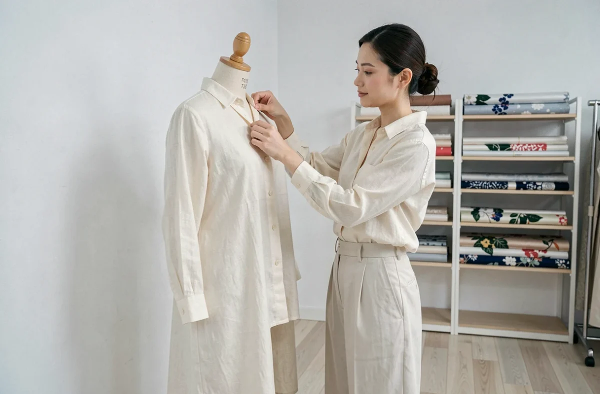 Créatrice de l'Atelier Yukako ajustant un vêtement en soie sur un mannequin dans son atelier minimaliste