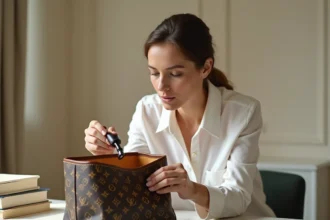 Experte en authentification examinant le numéro de série d'un sac Louis Vuitton avec une loupe sur une table en marbre