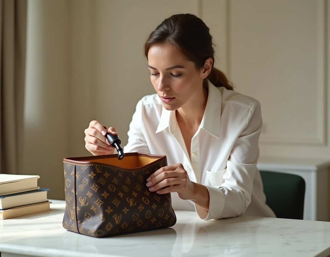 Experte en authentification examinant le numéro de série d'un sac Louis Vuitton avec une loupe sur une table en marbre