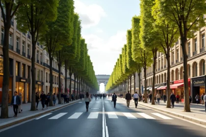 Vue panoramique de l'avenue des Champs-Élysées avec ses boutiques de luxe et ses piétons élégants