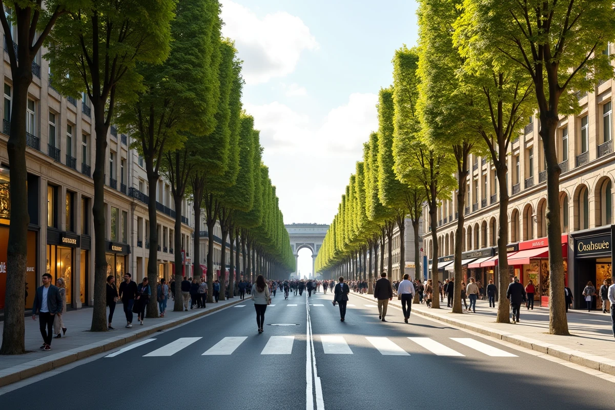 Vue panoramique de l'avenue des Champs-Élysées avec ses boutiques de luxe et ses piétons élégants