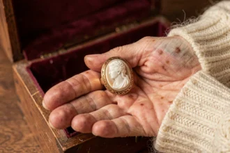 Bague camée ancienne en or sur la paume d'une femme âgée, posée sur un écrin en velours bordeaux
