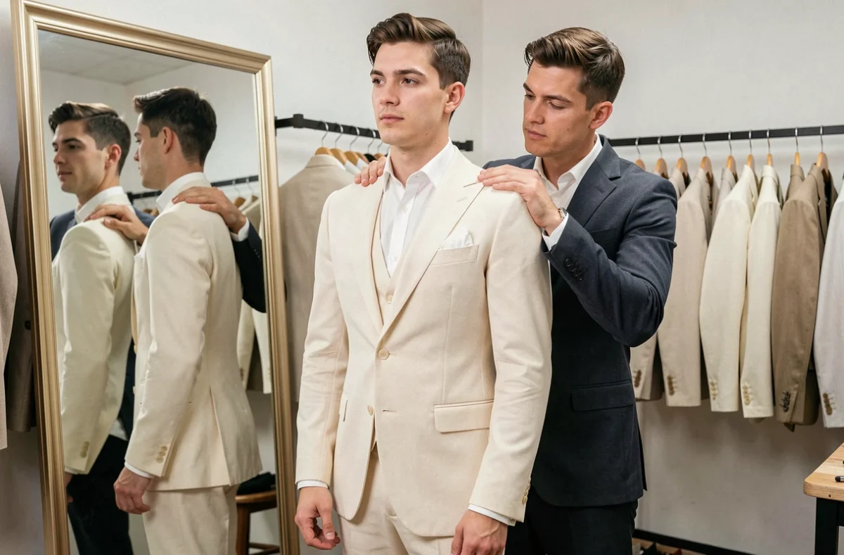 Jeune homme en essayage de costume sur mesure dans l'atelier Beau Costume Lyon