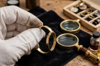 Bijoutier examinant un bracelet plaqué or avec une loupe sur un établi en velours sombre