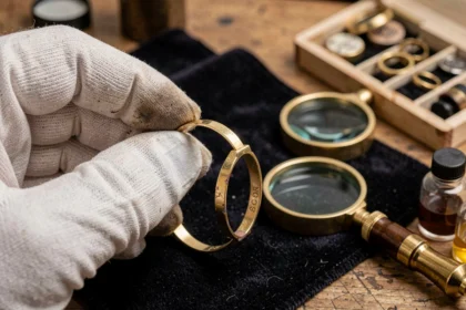 Bijoutier examinant un bracelet plaqué or avec une loupe sur un établi en velours sombre