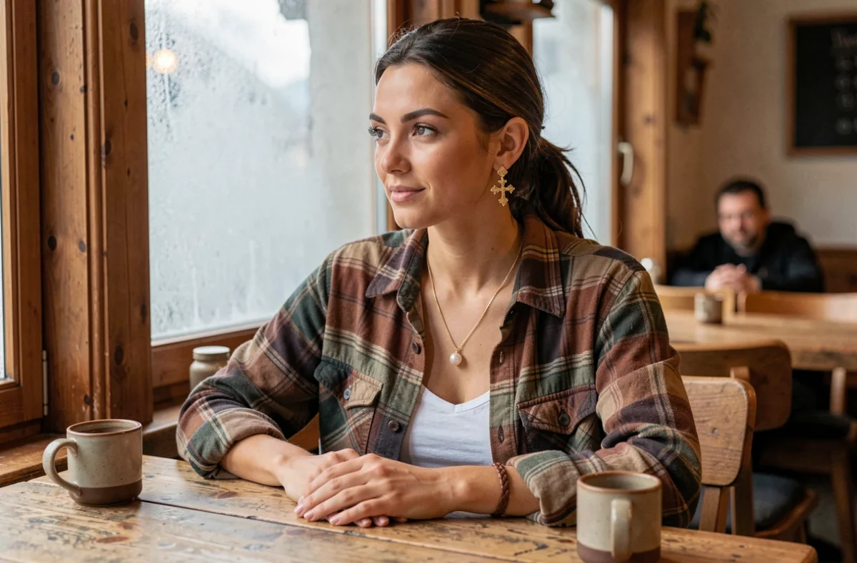 Femme dans un café de montagne savoyard portant des boucles d'oreilles en forme de croix de Savoie associées à un bracelet en cuir et un collier perle
