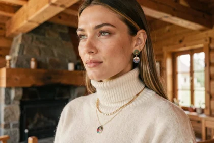 Femme portant des boucles d'oreilles savoyardes en émail associées à un collier en or et une bague fine, dans un intérieur chalet rustique