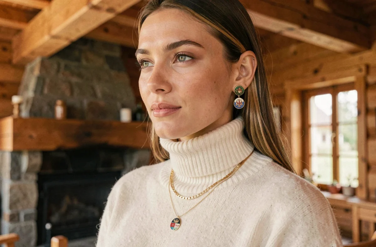 Femme portant des boucles d'oreilles savoyardes en émail associées à un collier en or et une bague fine, dans un intérieur chalet rustique