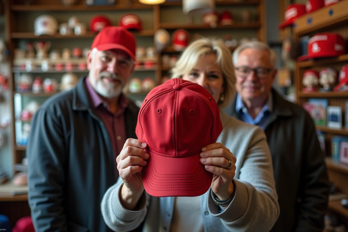 Groupe de personnes examinant des casquettes rouges américaines dans une boutique de souvenirs politiques