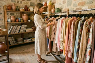 Femme feuilletant des vêtements vintage dans une boutique en pierre de Provence avec une atmosphère chaleureuse et méditerranéenne