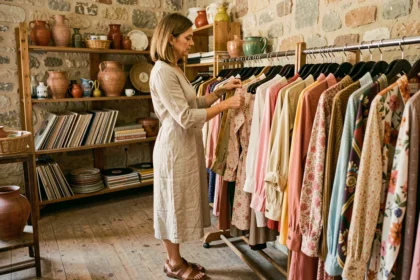 Femme feuilletant des vêtements vintage dans une boutique en pierre de Provence avec une atmosphère chaleureuse et méditerranéenne
