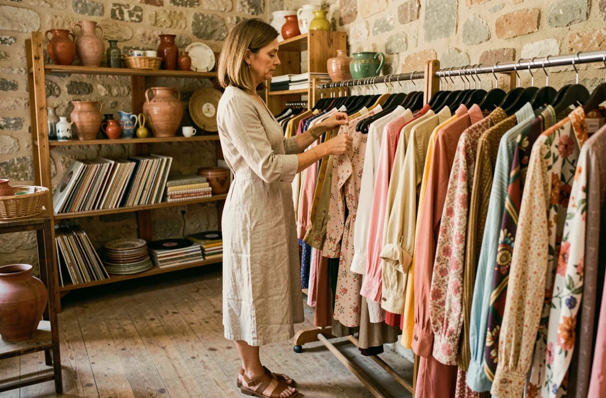 Femme feuilletant des vêtements vintage dans une boutique en pierre de Provence avec une atmosphère chaleureuse et méditerranéenne