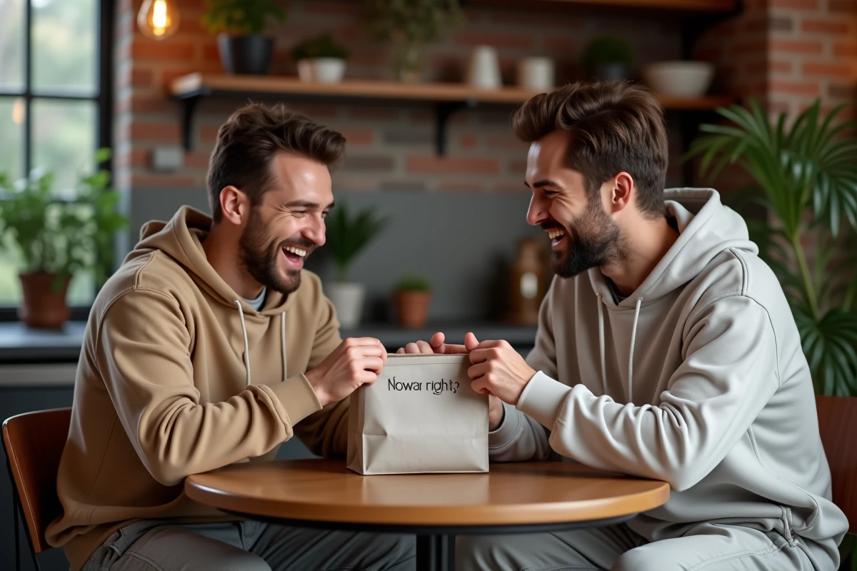 Deux amis partageant un moment de rire lors de l'ouverture d'un boxer personnalisé en cadeau dans un appartement chaleureux