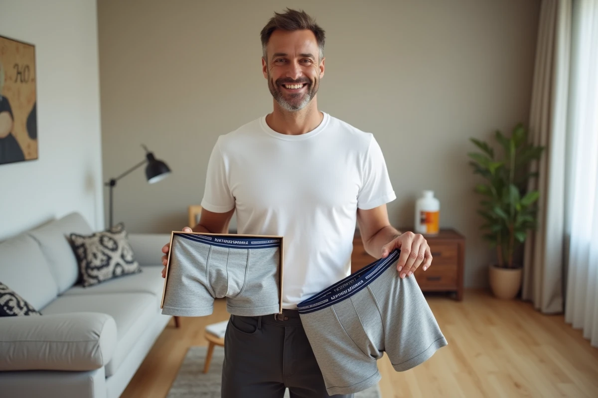Homme tenant un boxer personnalisé sorti de sa boîte cadeau dans un salon moderne et épuré