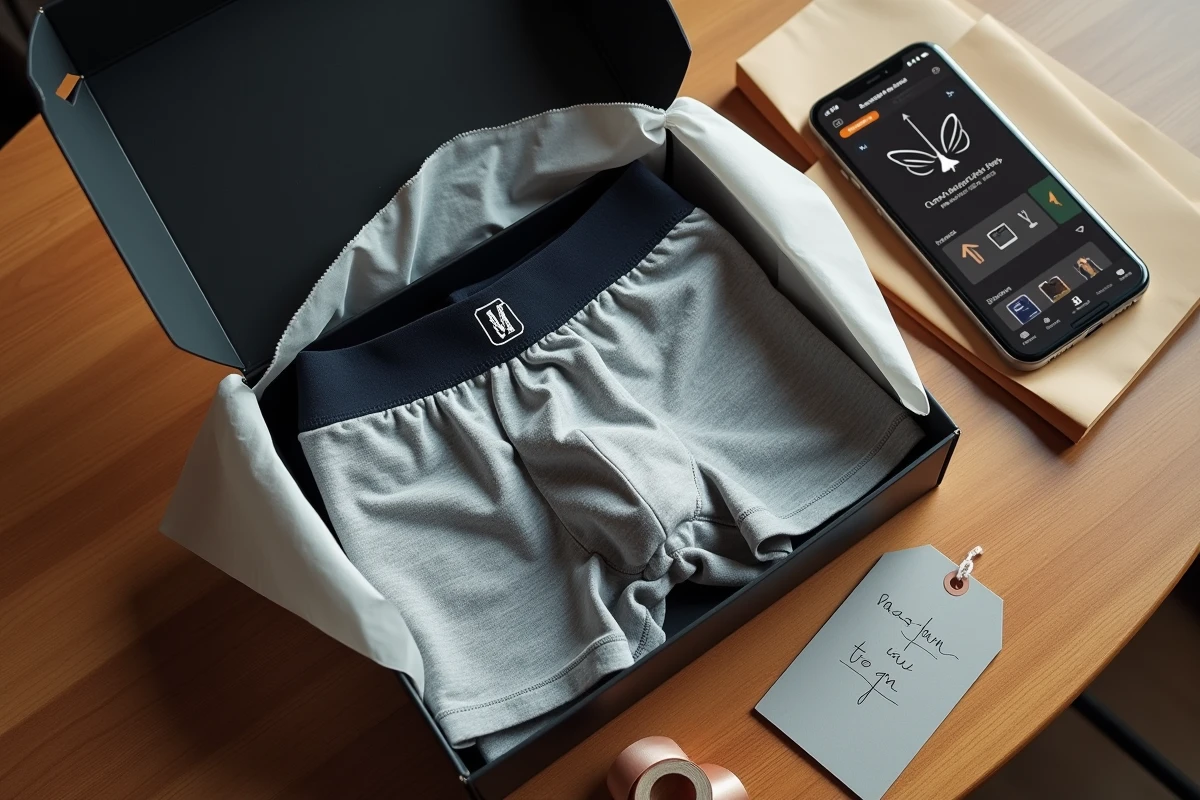 Mise en scène flat lay d'un boxer personnalisé dans une boîte cadeau élégante avec accessoires d'emballage sur table en bois