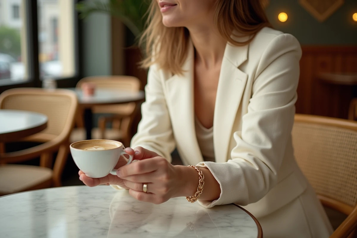 Femme élégante portant un bracelet en or fin La Vie en Or au poignet dans un café parisien, style vestimentaire minimaliste et chic