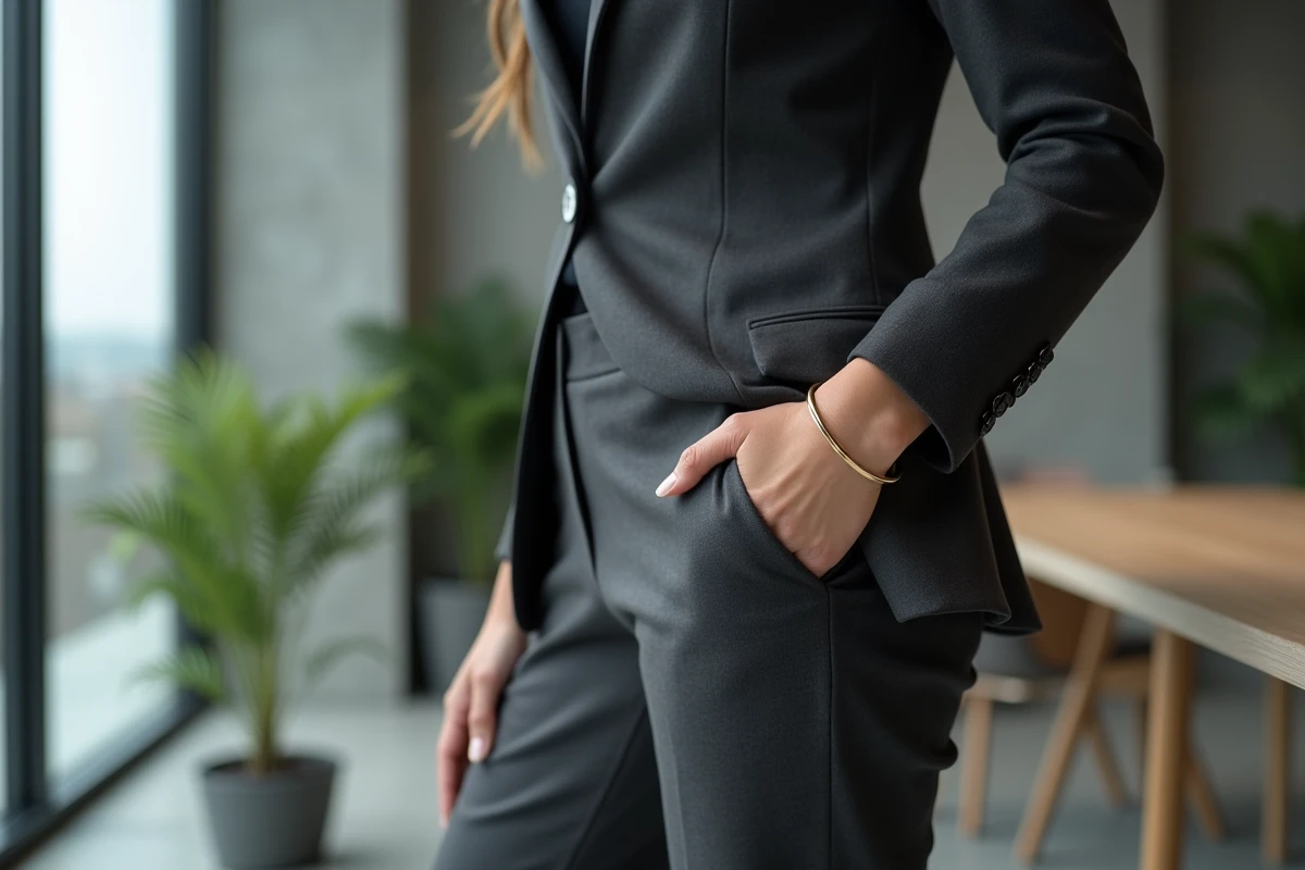 Femme professionnelle en tailleur gris portant un bracelet jonc en or La Vie en Or au bureau, style élégant et contemporain