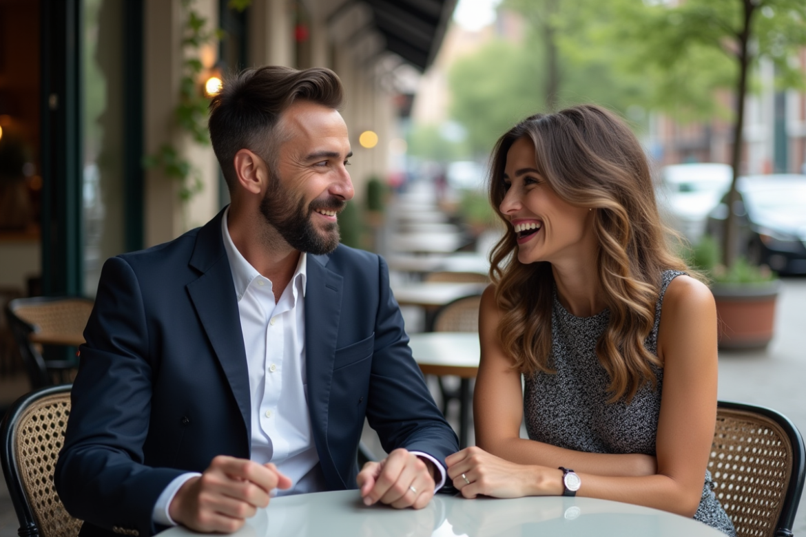 Homme et femme souriants au café en terrasse