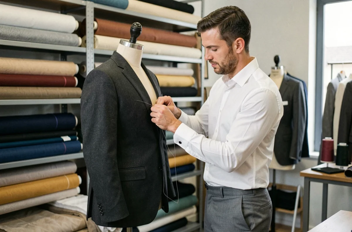Tailleur de Capiany cousant à la main une veste en laine dans un atelier moderne