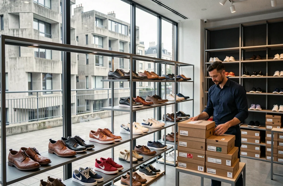 Boutique Caron au Havre avec un vendeur arrangeant des chaussures près d'une vitrine donnant sur l'architecture de la ville