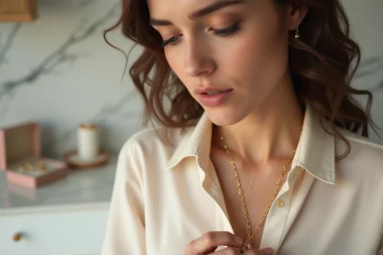 Femme examinant une chaîne en or 18 carats délicate posée sur sa clavicule, avec une expression attentive et prudente dans un intérieur minimaliste