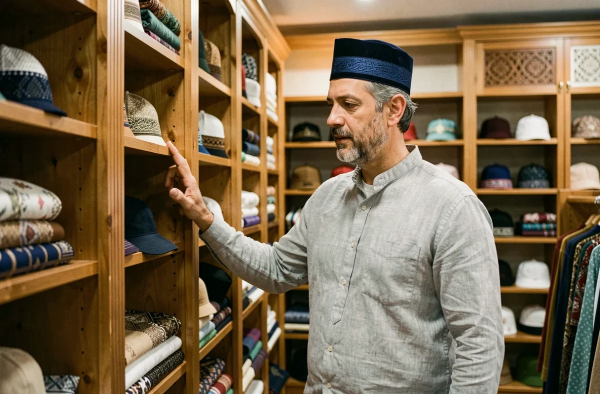 Homme de grande taille essayant un taqiyah marine brodé dans une boutique de vêtements islamiques traditionnelle