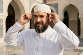 Homme portant un kufi ivoire bien ajusté sur une grande tête, debout dans une cour de mosquée aux carrelages ornés