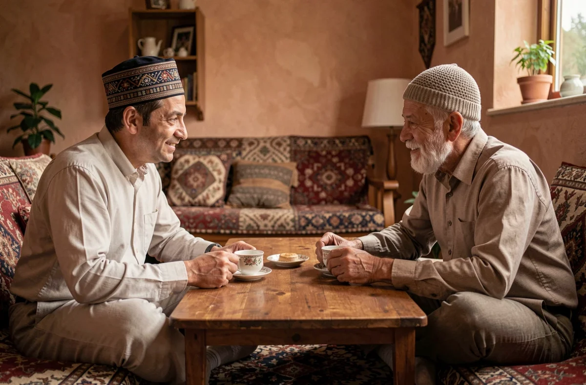 Deux hommes portant des chapeaux musulmans adaptés aux grandes tailles, assis ensemble autour d'un thé dans un intérieur chaleureux