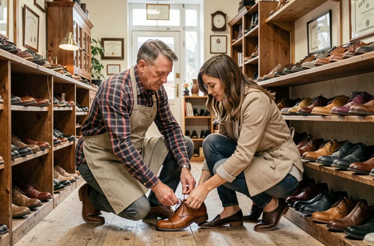 Vendeur de la boutique Chaussure Robert à Eu aidant une cliente à essayer des chaussures en cuir Oxford