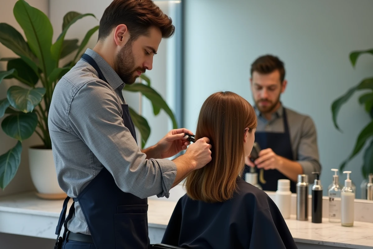 Coiffeur professionnel en train de styliser les cheveux d'une cliente dans un salon contemporain au décor minimaliste et élégant