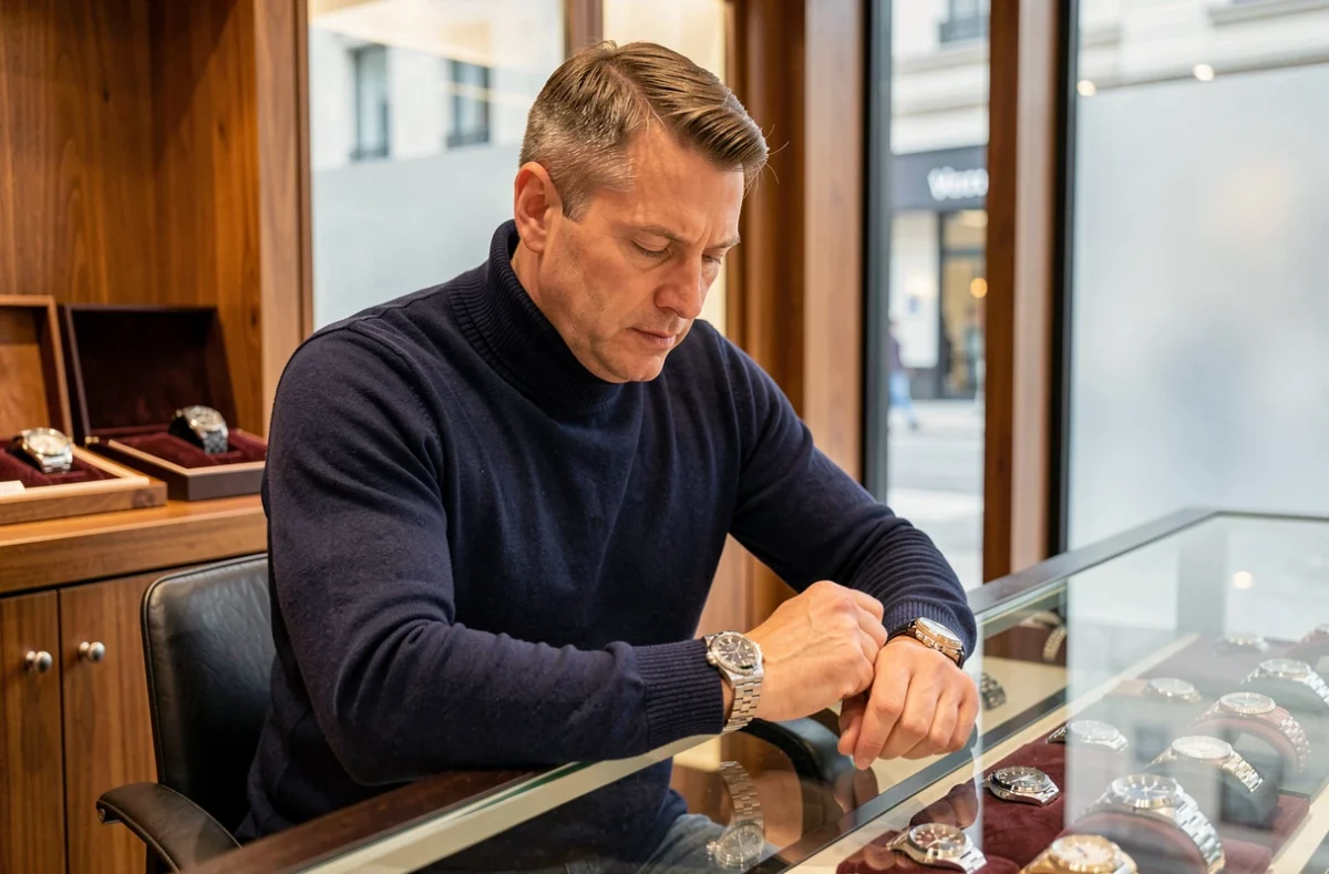 Collectionneur de montres examinant une Rolex Daytona dans une boutique de montres de luxe