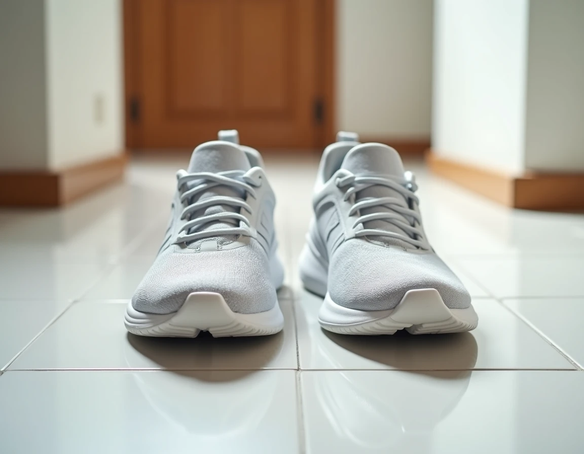 Comparaison de deux paires de baskets, l'une inadaptée et l'autre confortable pour pieds sensibles, posées sur un carrelage blanc