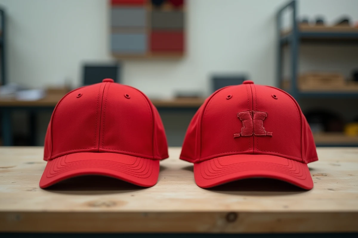 Comparaison côte à côte de deux casquettes rouges américaines aux qualités de fabrication différentes