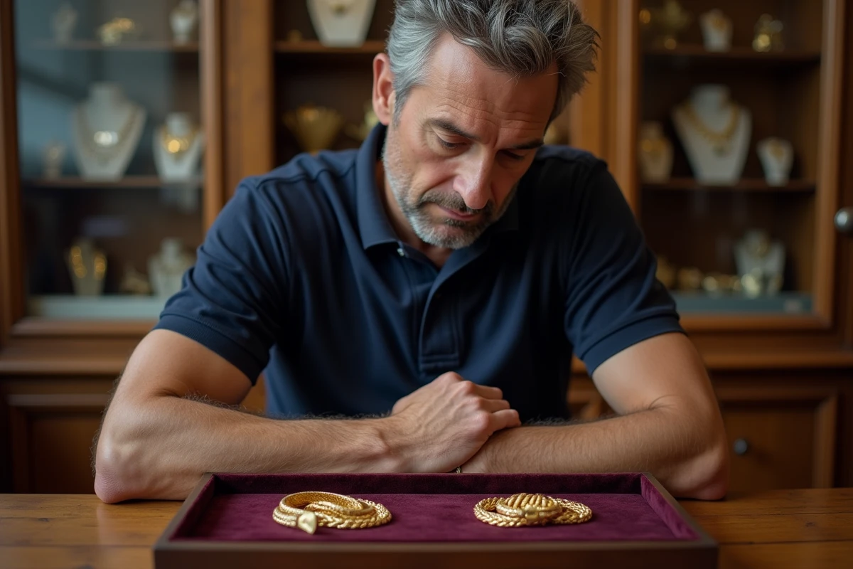 Homme comparant deux chaînes en or 18 carats sur un plateau de bijoutier en velours, illustrant les différences de qualité et de prix