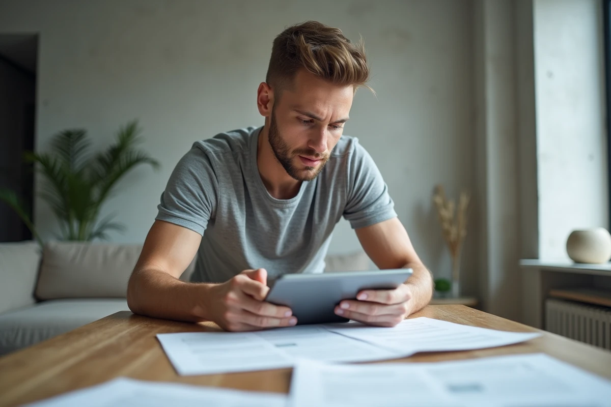 Homme analysant des documents comparatifs sur une tablette et du papier dans un appartement moderne