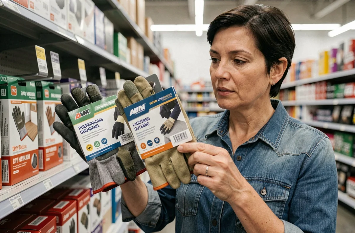 Femme comparant deux tailles de gants de bricolage dans un rayon de magasin de bricolage