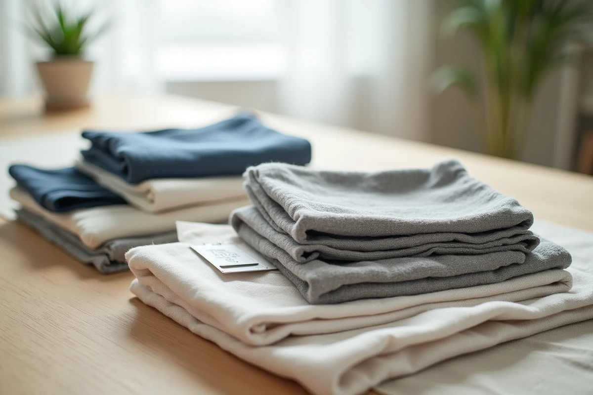 Vue aérienne de vêtements pliés avec étiquettes de marque et bons de réduction sur une table en bois, comparaison de ventes privées