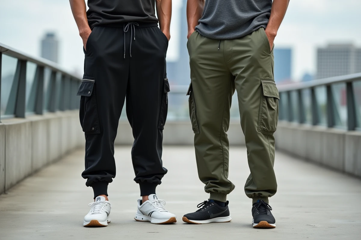 Deux hommes comparant deux modèles de sarouels jogging noir et kaki avec différents types de poches sur une terrasse urbaine
