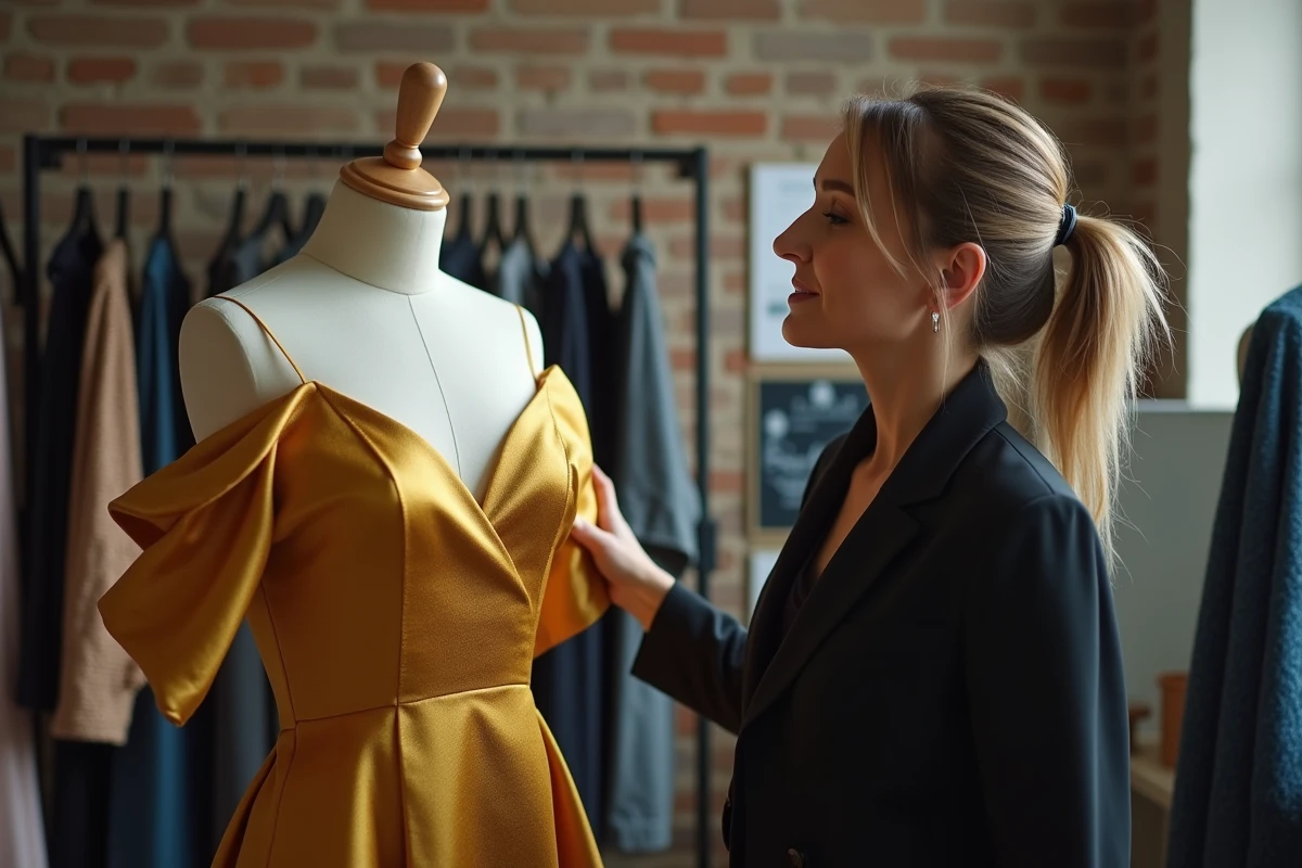 Styliste professionnelle inspectant une robe de soirée dorée sur un mannequin en studio de mode, contexte conseil style et élégance