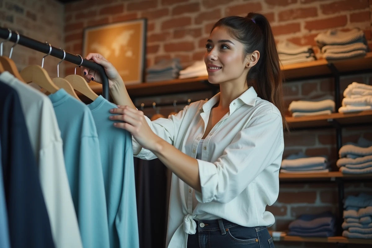 Jeune femme examinant l'étiquette d'un haut de sport dans une boutique indépendante pour évaluer le lieu de fabrication