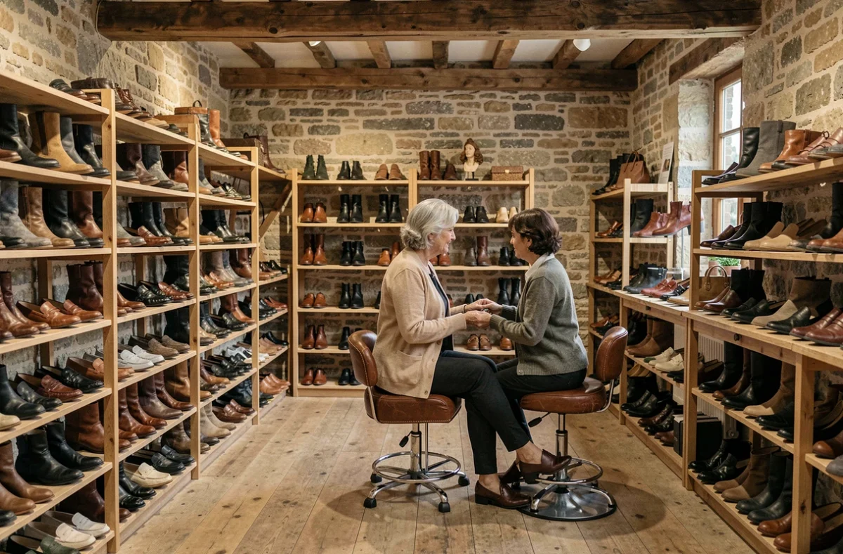 Intérieur d'une boutique Corinne Chaussures en Basse-Normandie avec une vendeuse aux cheveux argentés aidant une cliente assise