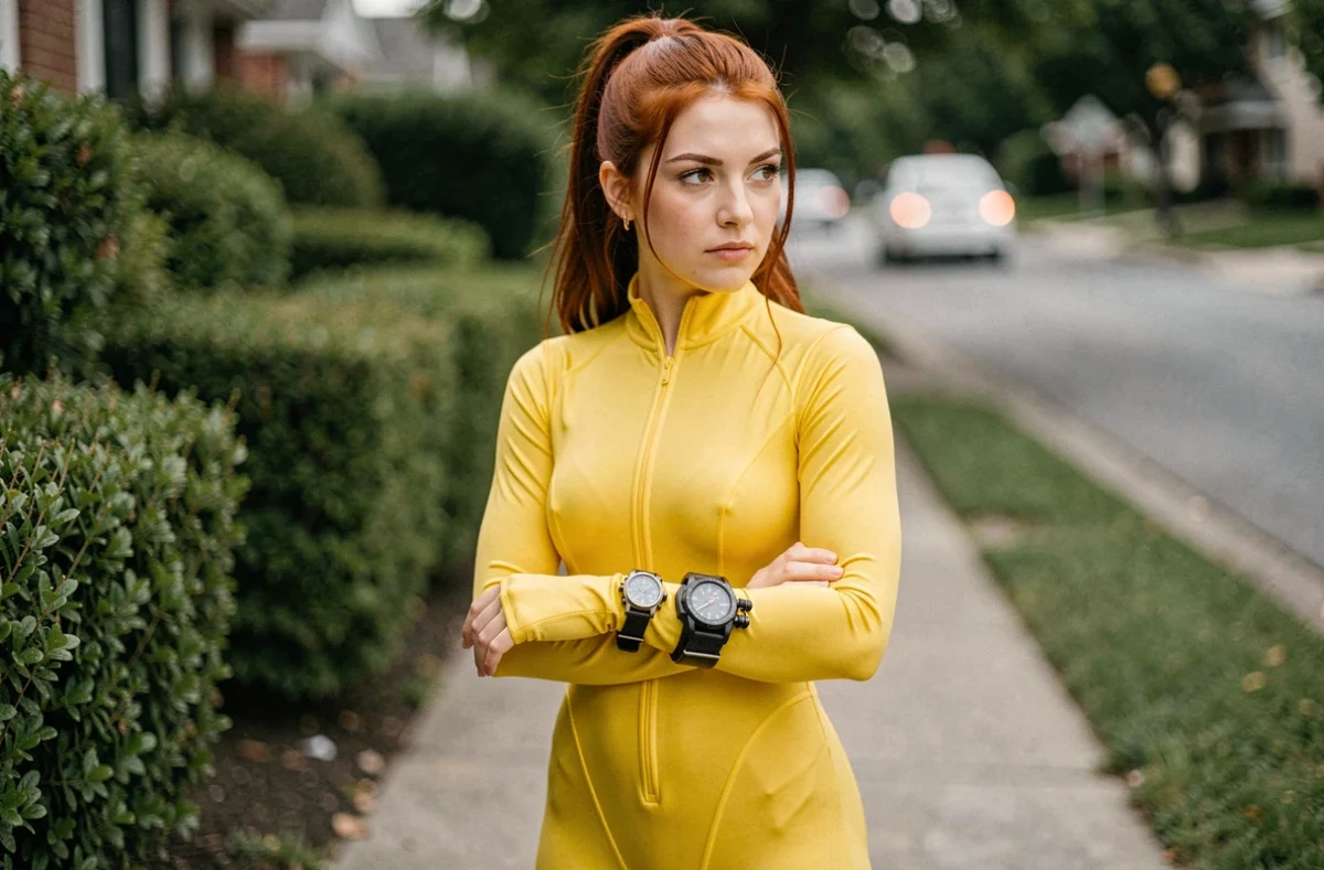 Cosplay Sam de Totally Spies en combinaison jaune photographié en extérieur avec gadget espion fait main